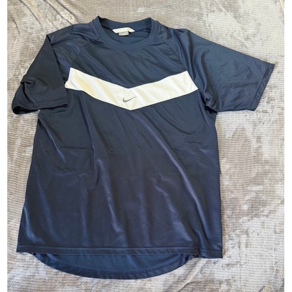 Vintage Nike Mens Blue White Center Swoosh Mesh Athletic Tee Short Sleeve L